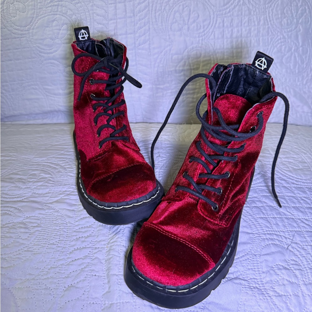 Anarchic By T.U.K. Burgundy Velvet Boots - Picture 3 of 8